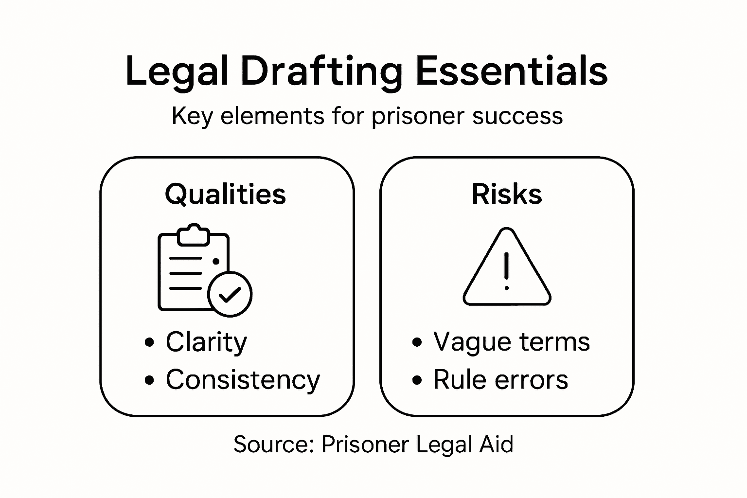 Legal Drafting: Why Precision Matters for Prisoners Infographic with legal drafting essentials and risks