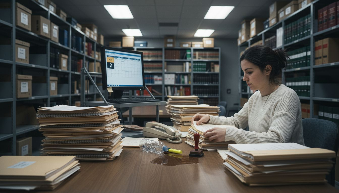 Paralegal sorting discovery paperwork stacks