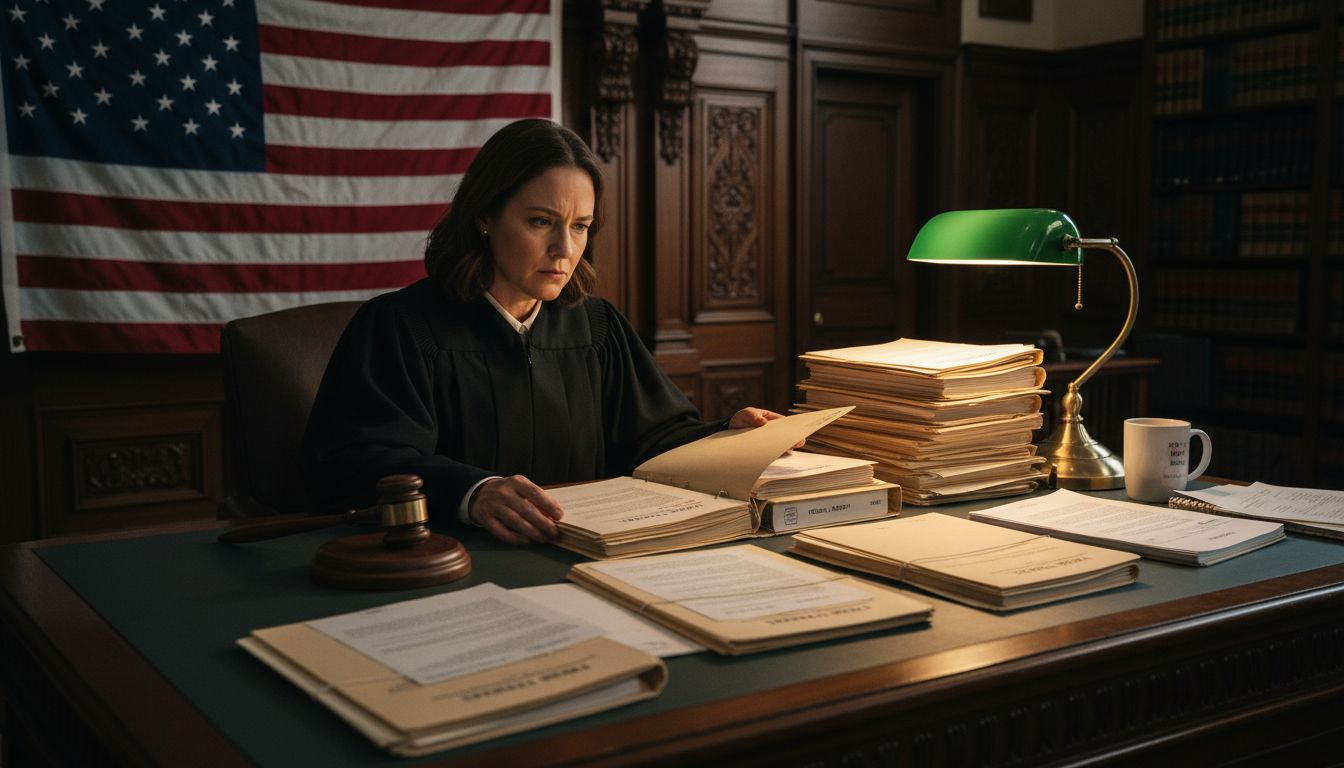 Federal judge reviewing case files in courtroom