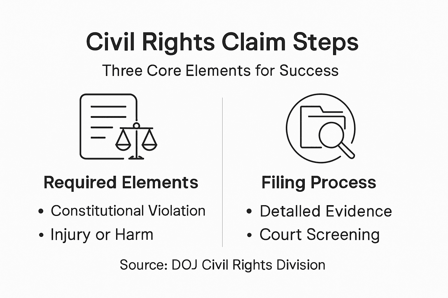 Civil Rights Litigation: Pathways to Justice in U.S. Prisons Infographic showing prison claim steps and requirements