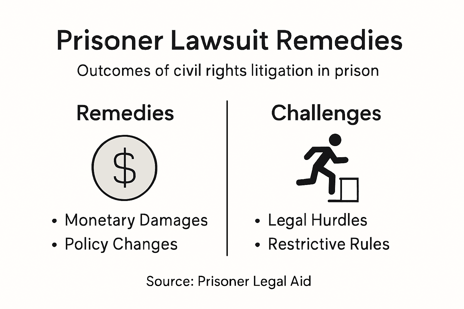 Civil Rights Litigation: Pathways to Justice in Prison Infographic showing remedies and challenges in prisoner lawsuits