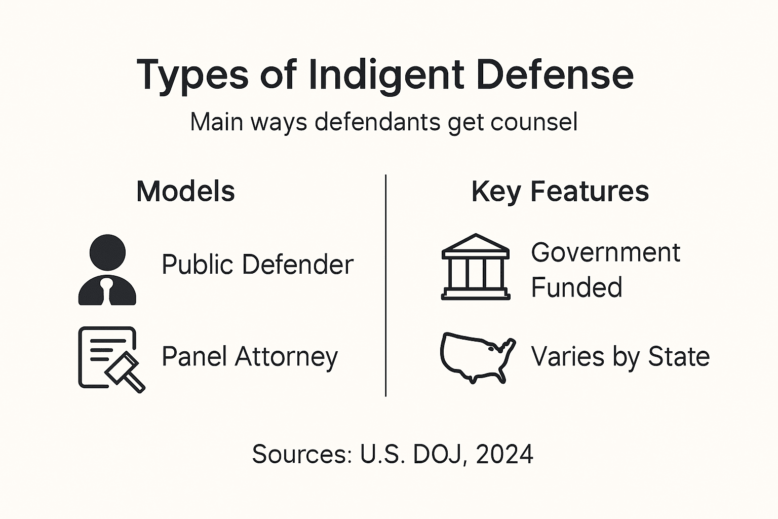 What Is Indigent Representation and Why It Matters Infographic of indigent defense types and features