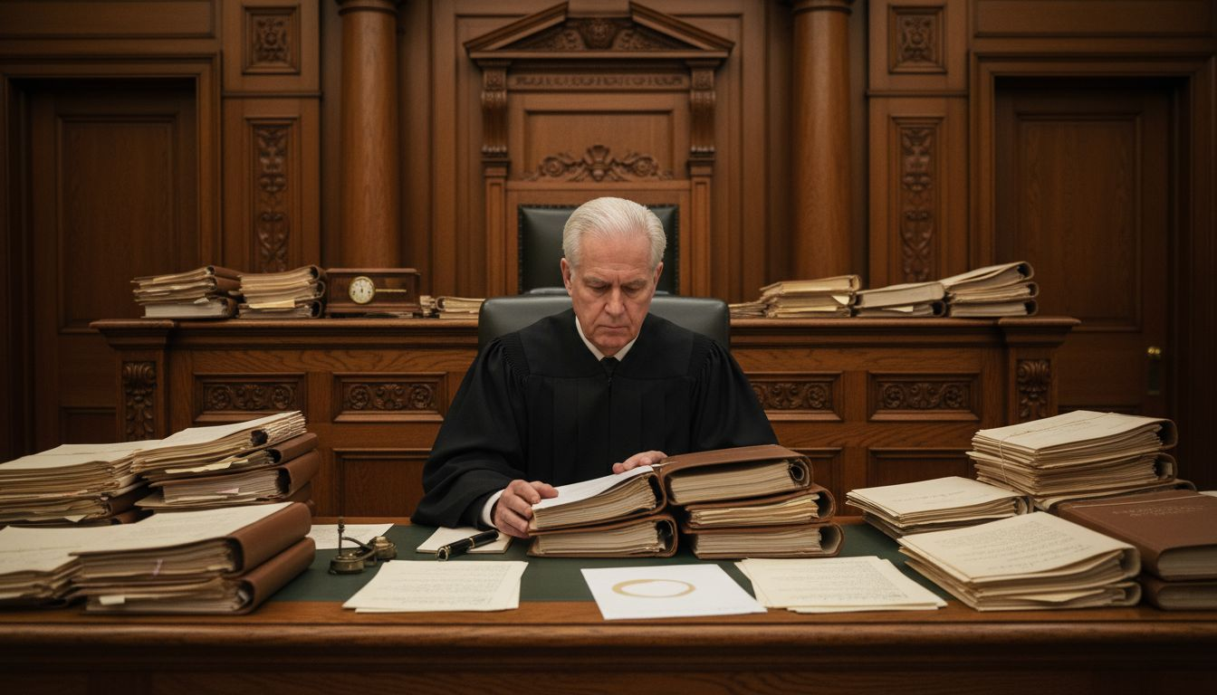 Judge reviews legal brief in courtroom setting
