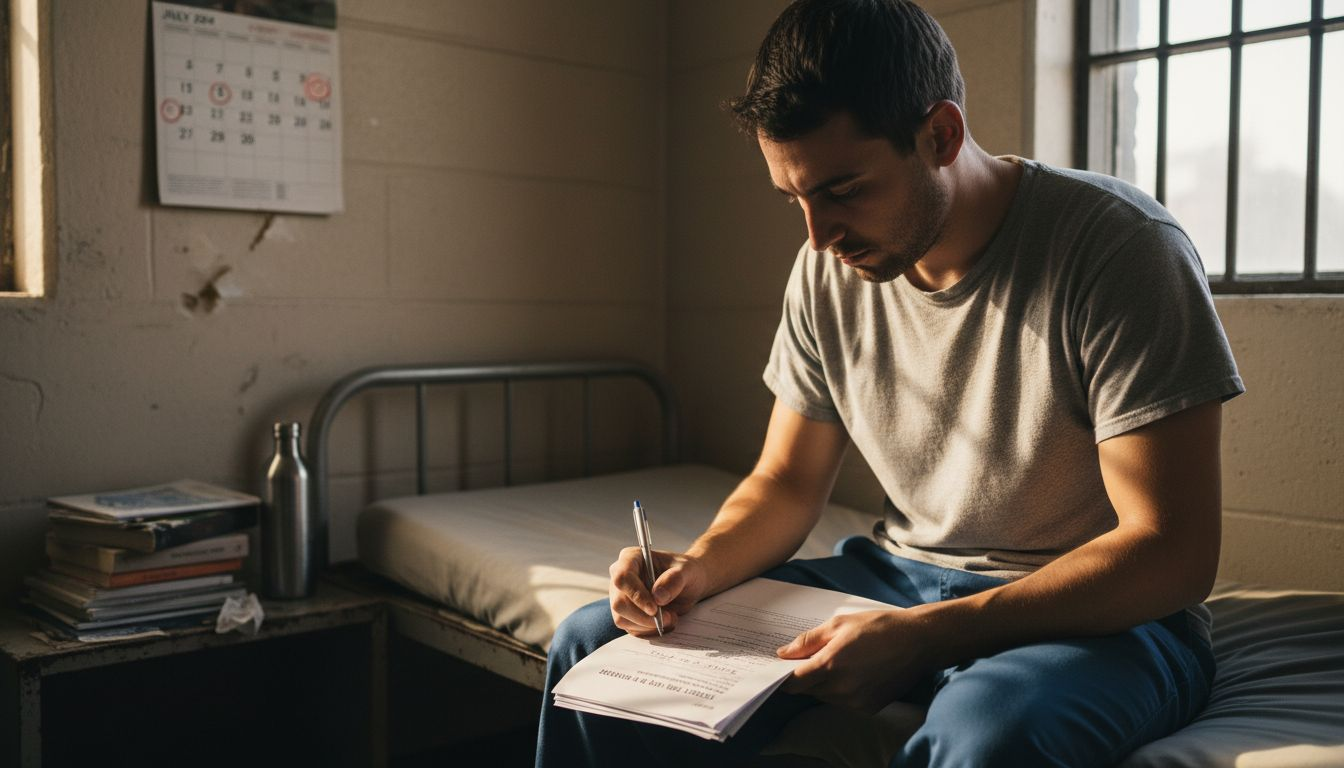 Inmate documents legal paperwork in cell