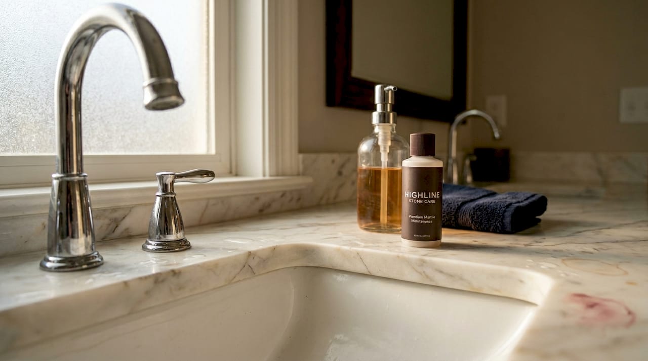 Close-up of polished marble vanity after deep cleaning