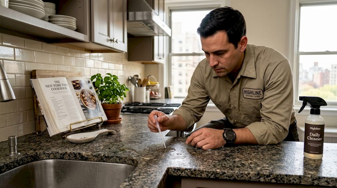 Stone care specialist tests granite countertop