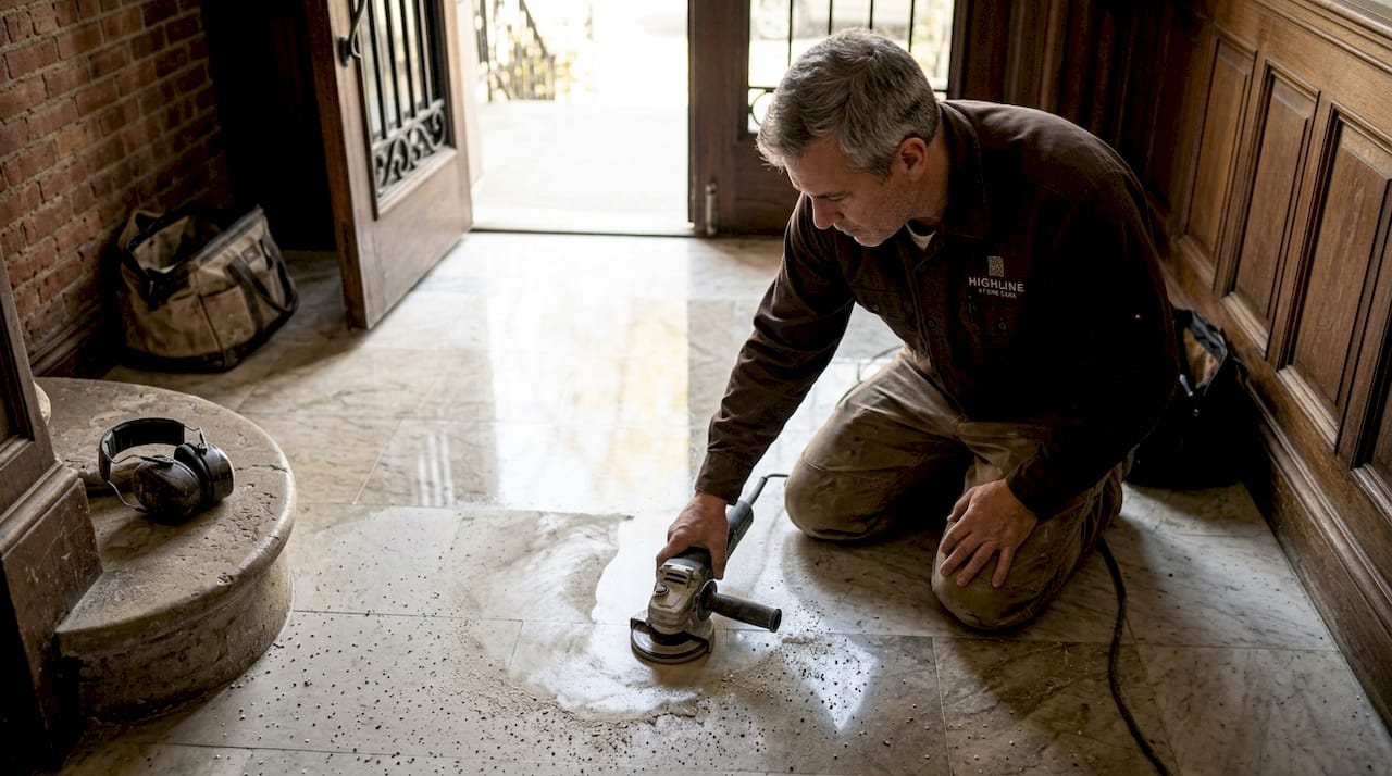 Technician honing marble floor with grinder