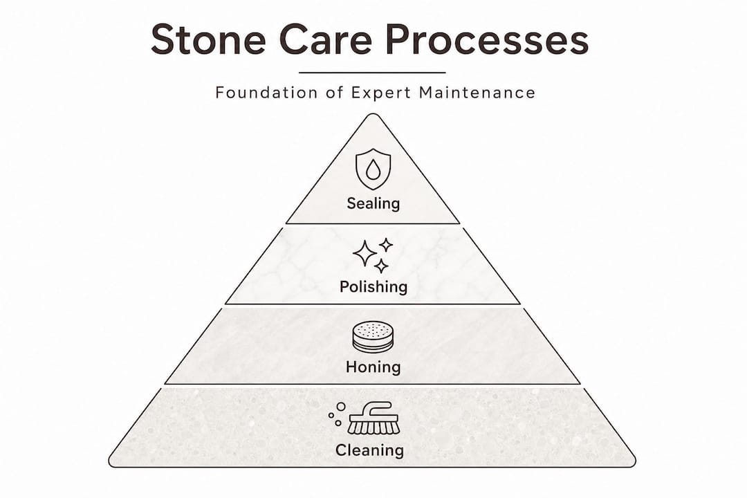 Hierarchy pyramid of stone care process steps
