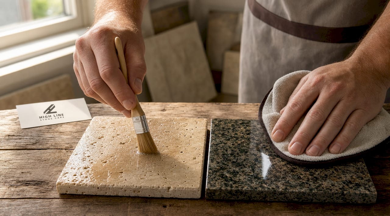 Hands showing penetrating and topical sealer on stone samples
