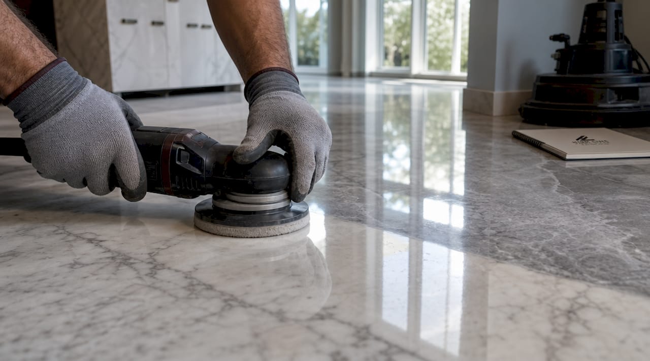 Close-up of marble floor being honed with diamond pad