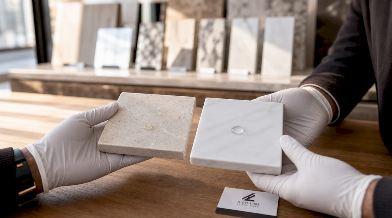 Hands showing marble tiles with different protective coatings
