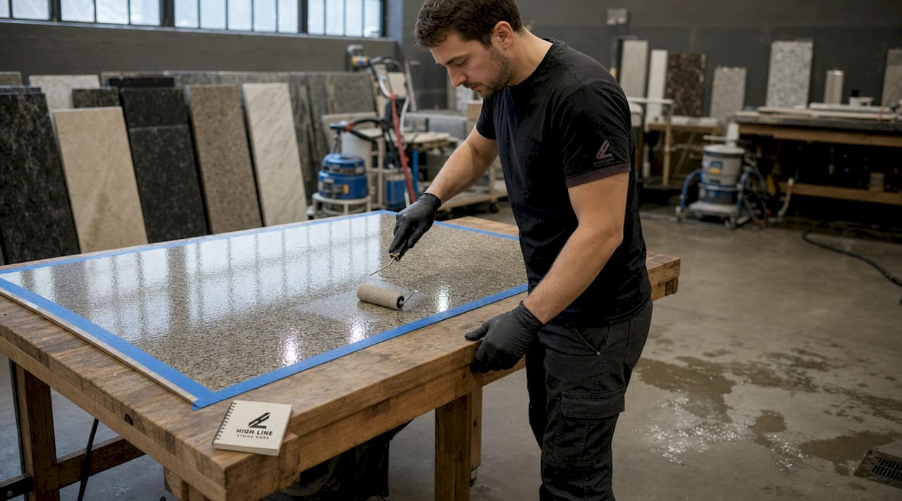 Hands applying epoxy coating to granite tile