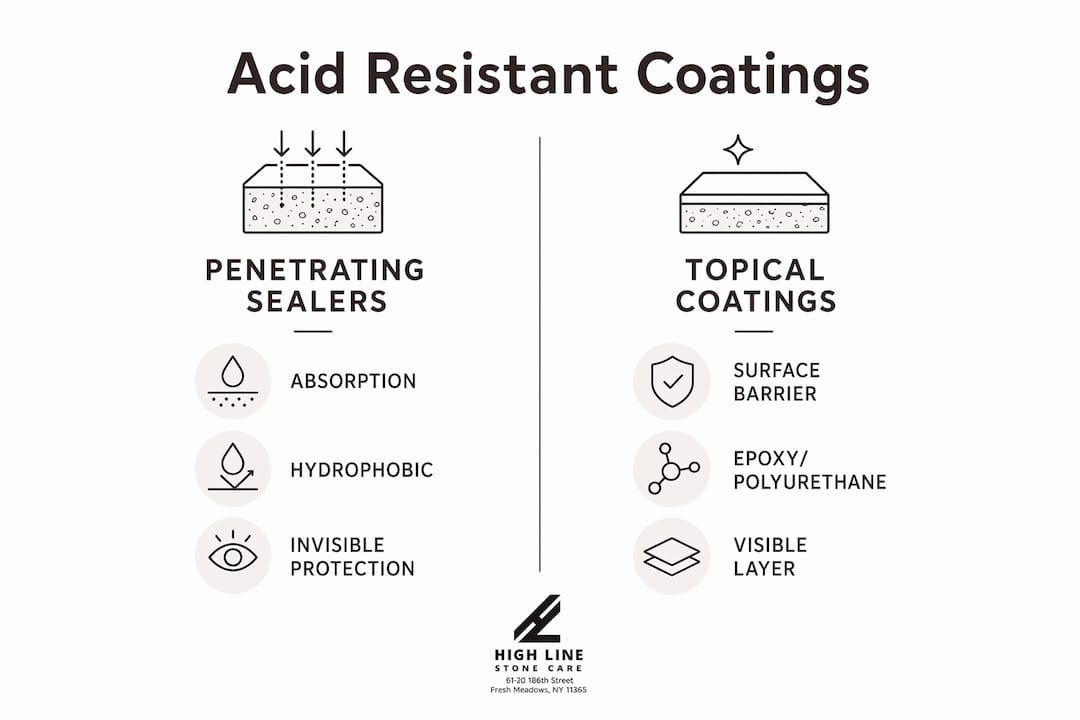 Infographic comparing penetrating sealers and topical coatings for acid resistance