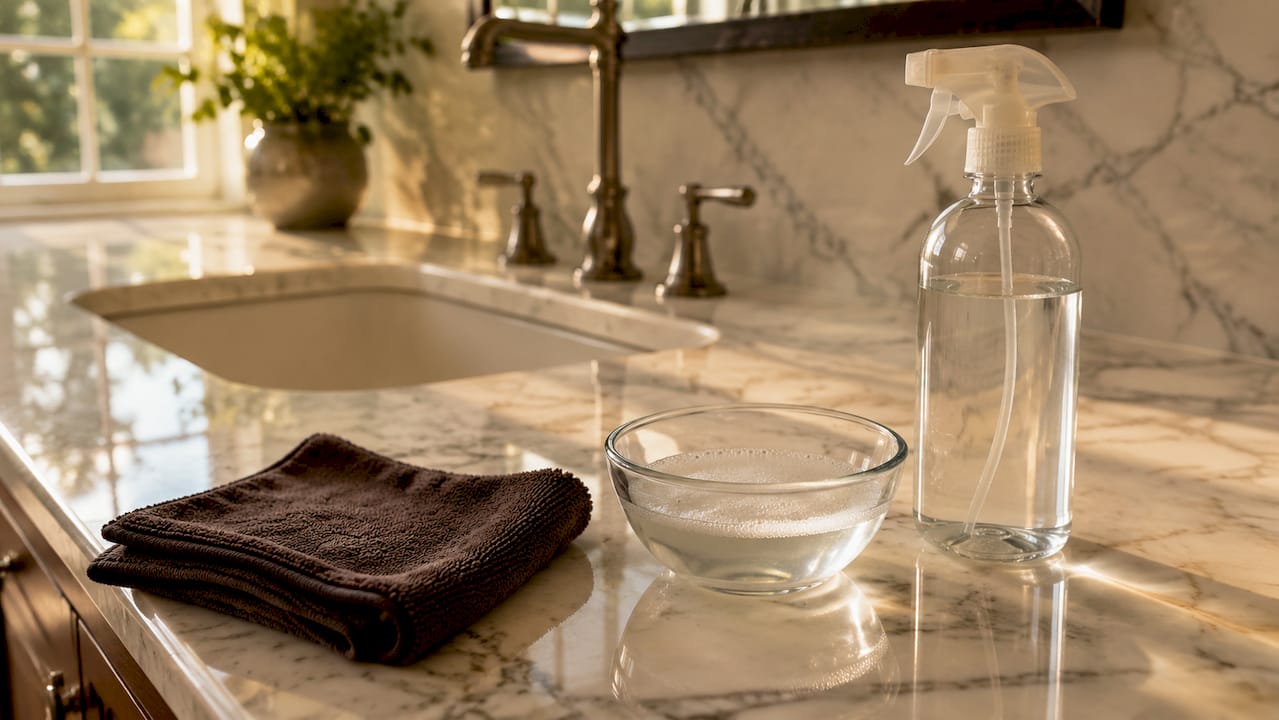 Cleaning supplies on polished marble vanity