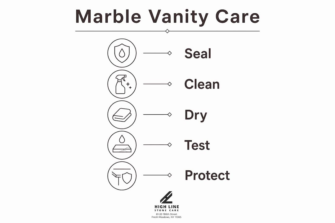 Infographic illustrating marble vanity care steps