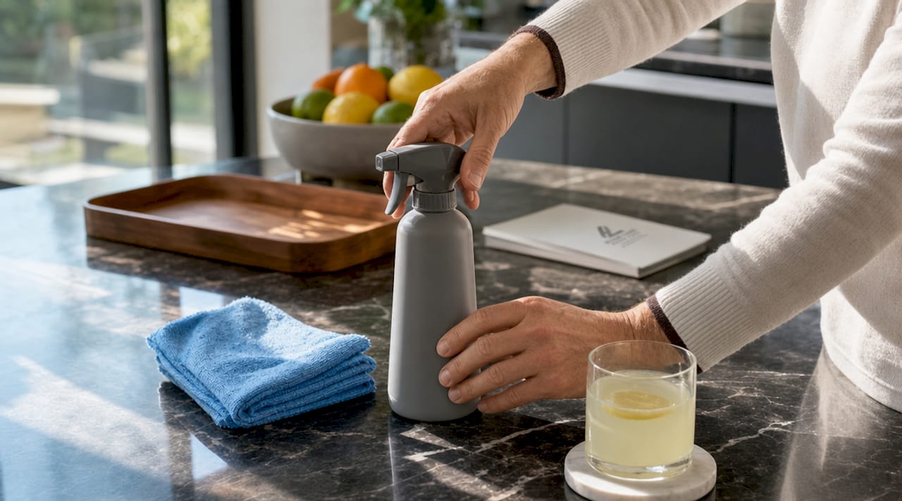 Hands reaching for pH-neutral cleaner by marble countertop