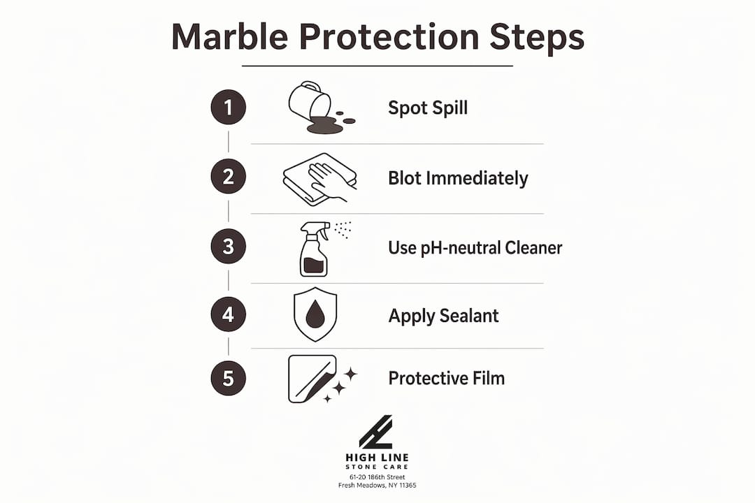 Infographic illustrating steps to protect marble from acid damage