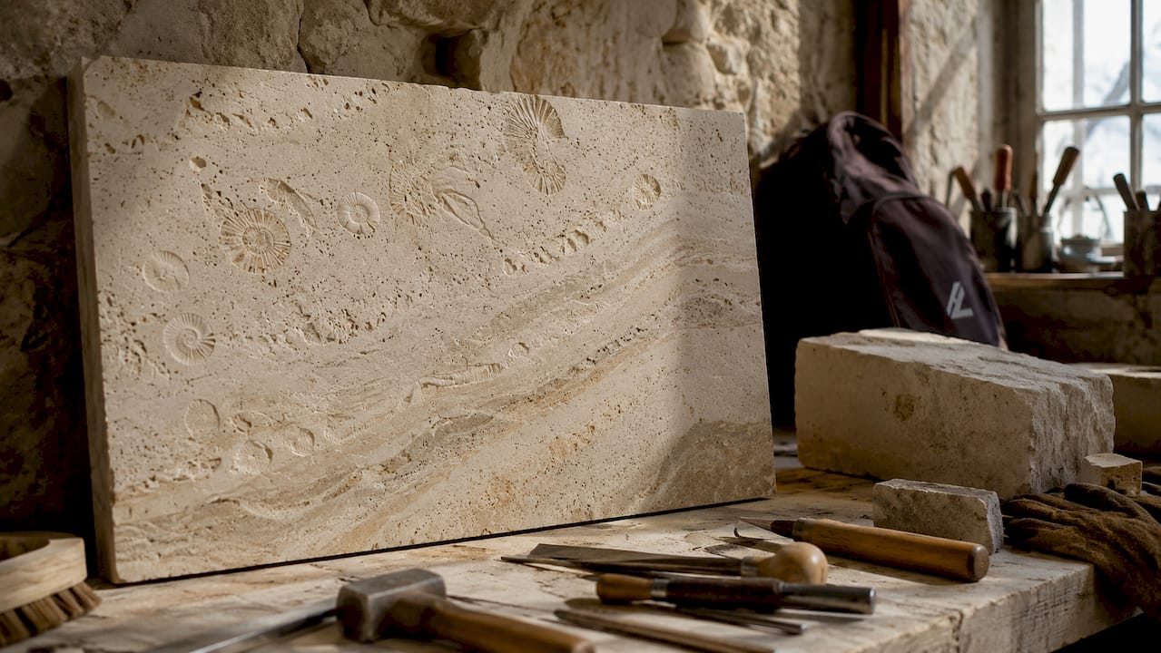 Close-up of limestone showing fossils and texture