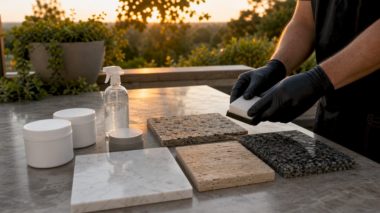Hands applying sealer near natural stone samples