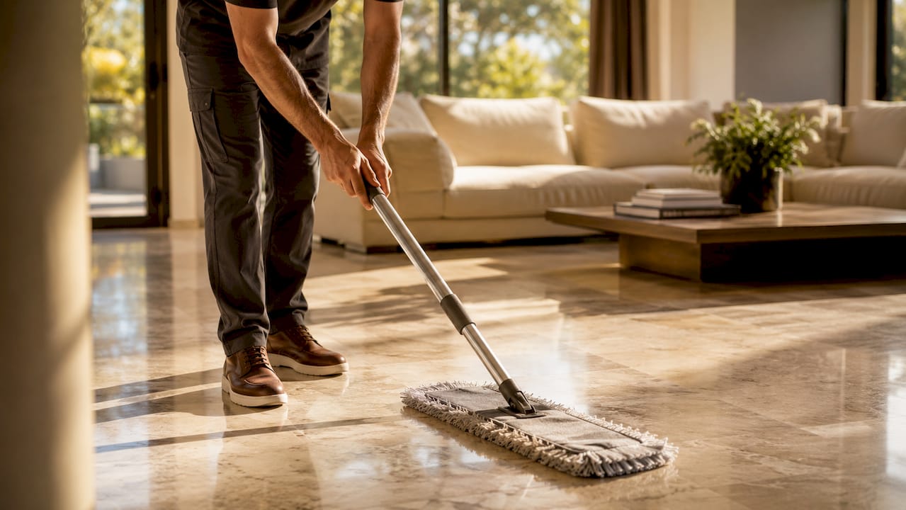 Hands using microfiber dust mop on stone floor