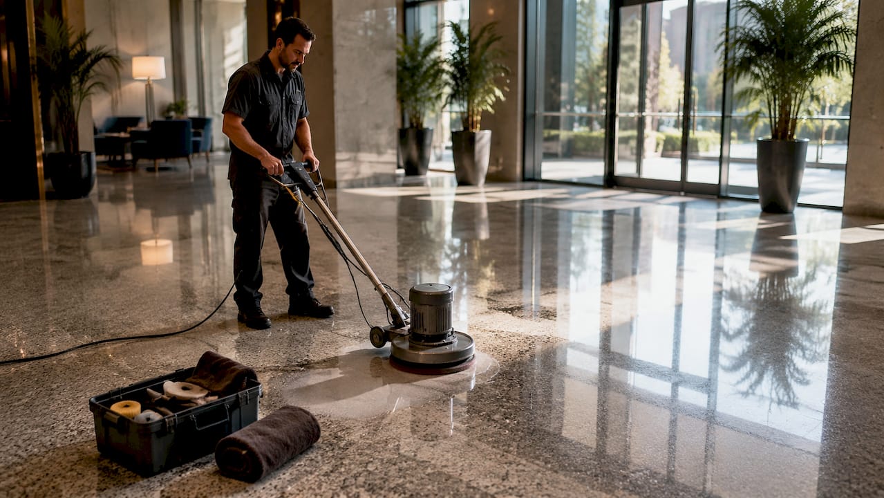 Hands polishing granite floor with electric polisher