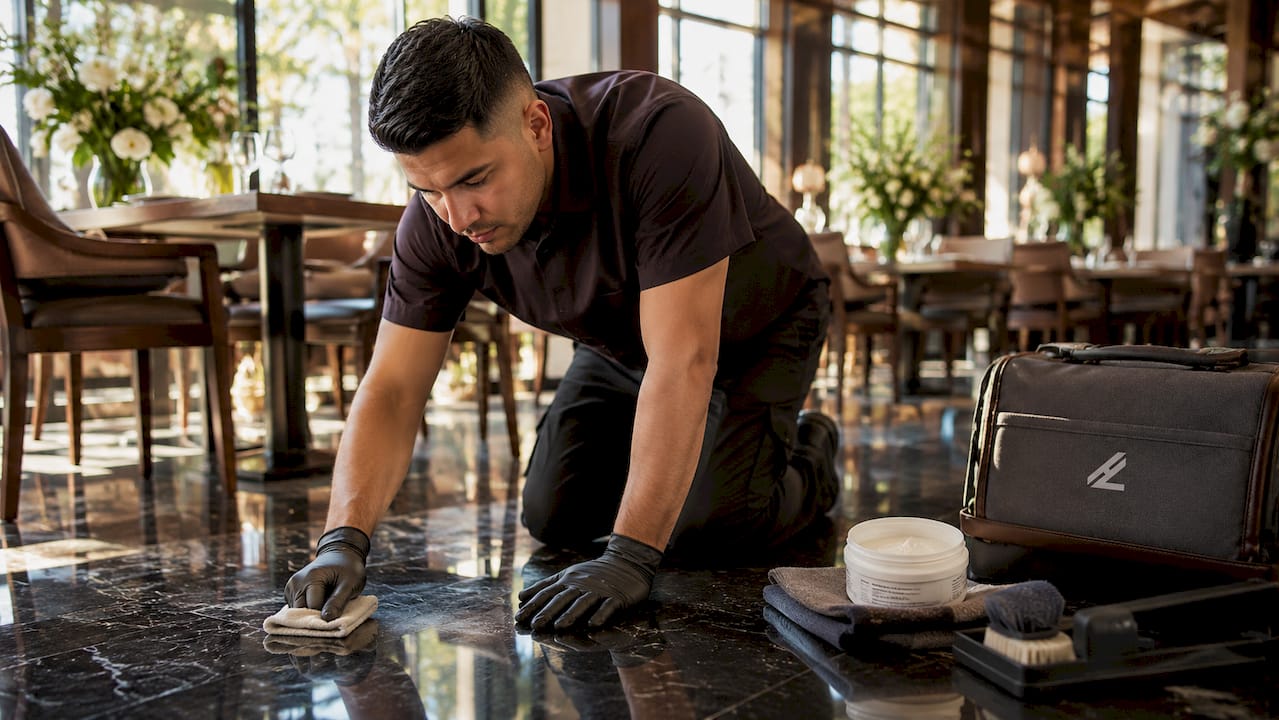 Technician applying sealant on granite floor