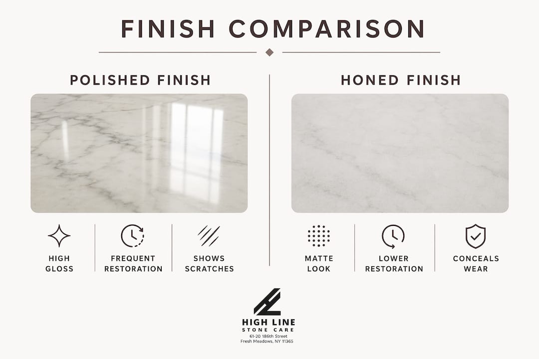 Infographic comparing polished and honed stone finishes