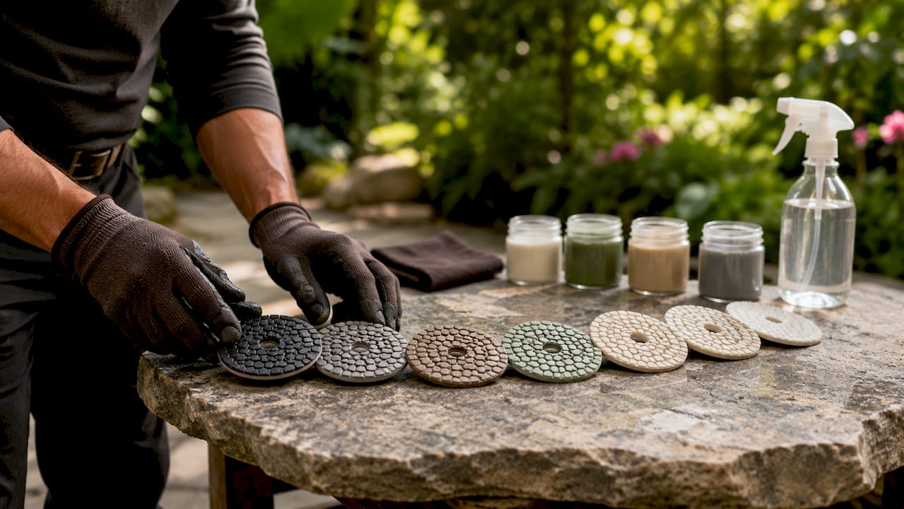 Hands arranging stone polishing pads on bench