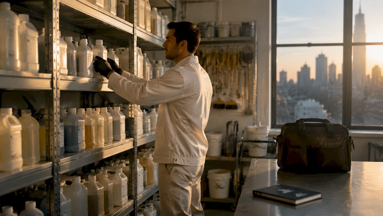 Hands selecting stone-safe cleaning chemical