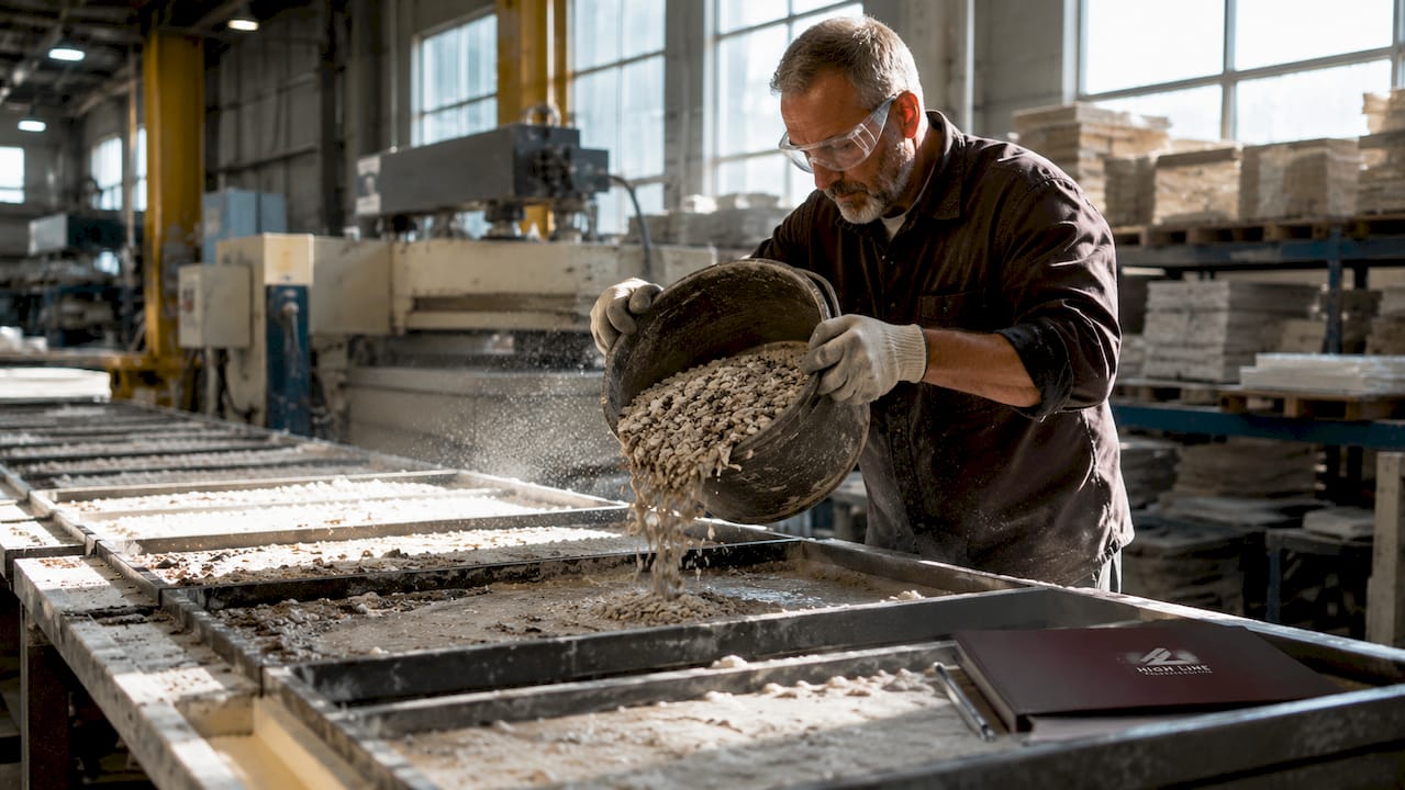Technician preparing engineered stone mold in factory