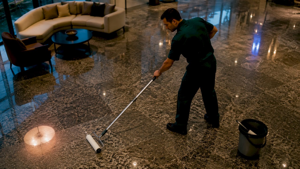 Technician applying sealer on granite floor