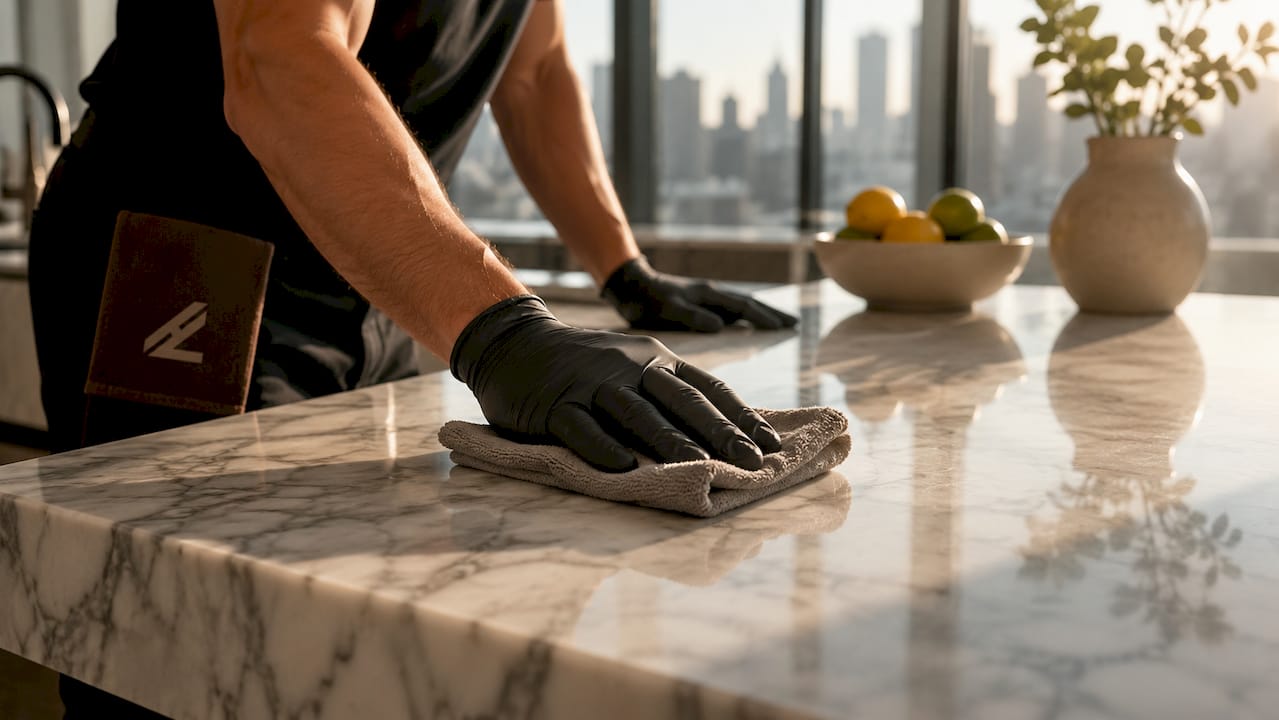 Hands cleaning sealed marble countertop