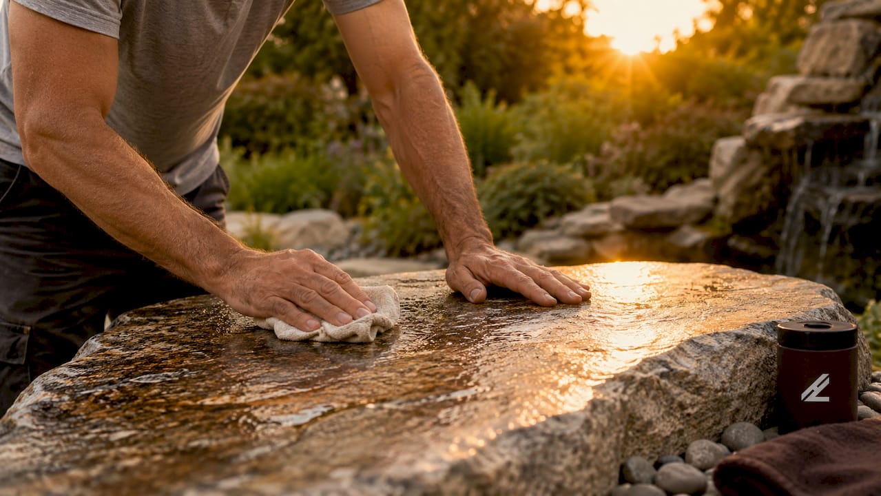 Hands treating oxidized granite stone surface