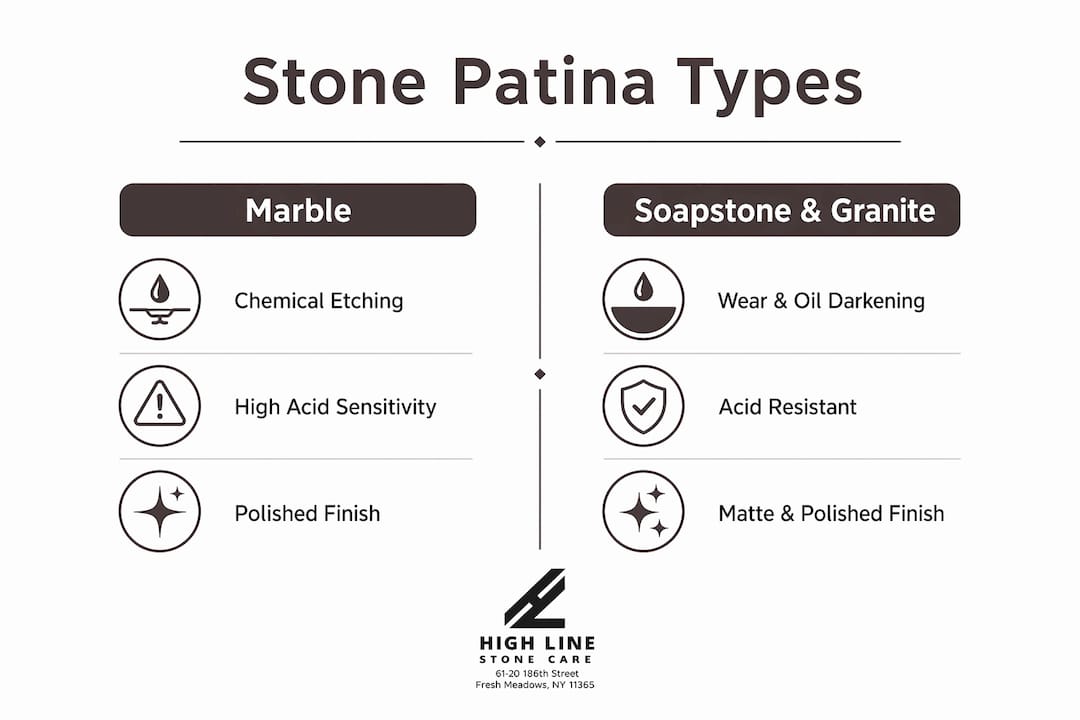 Infographic comparing patina on marble versus soapstone and granite