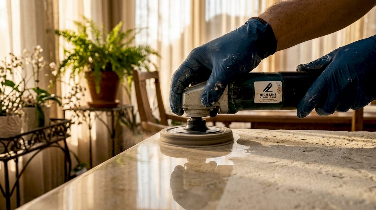 Close-up of hand polishing limestone surface outdoors