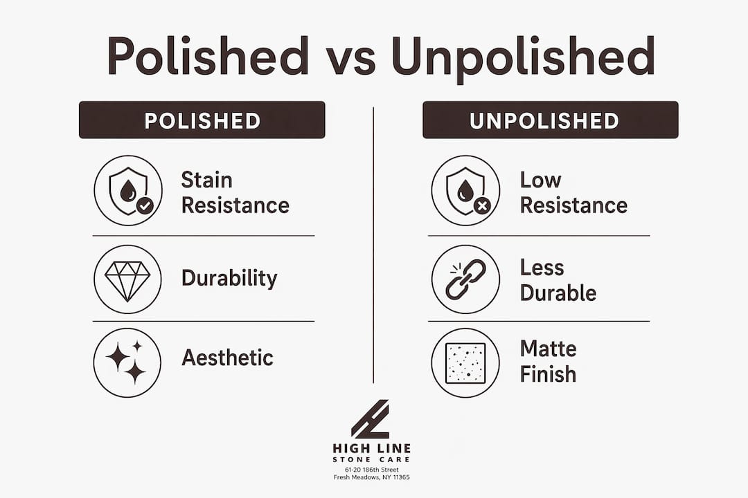 Infographic comparing polished and unpolished stone benefits