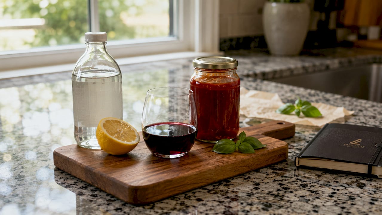 Close-up of acidic kitchen items on limestone surface