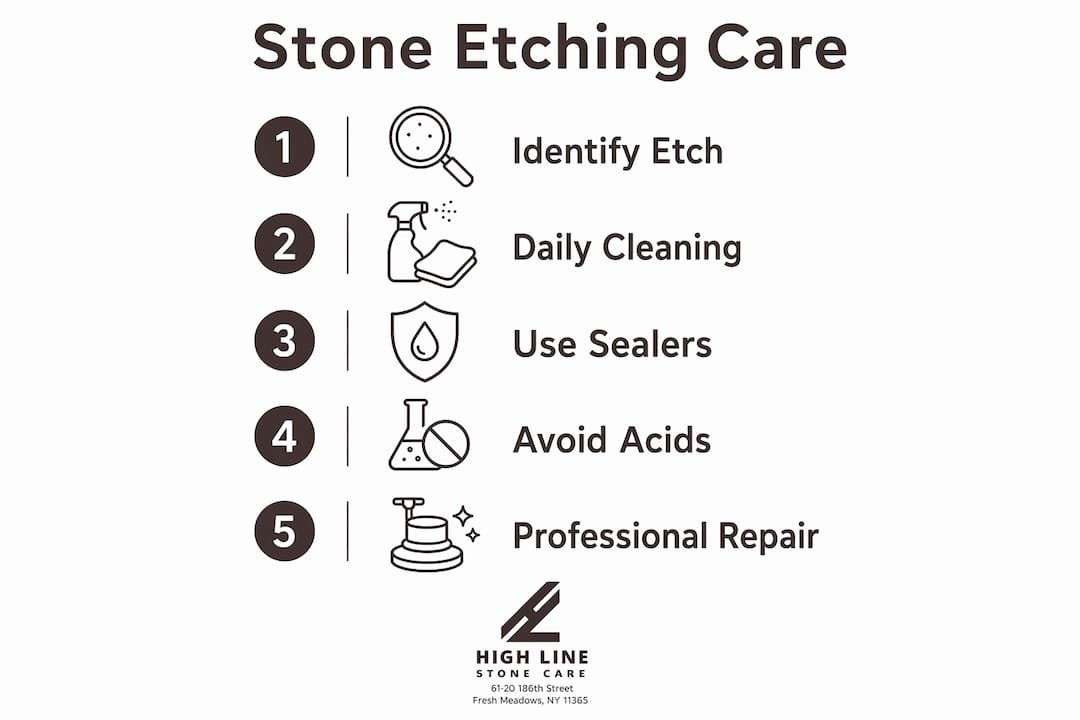 Infographic with numbered steps for stone etching care