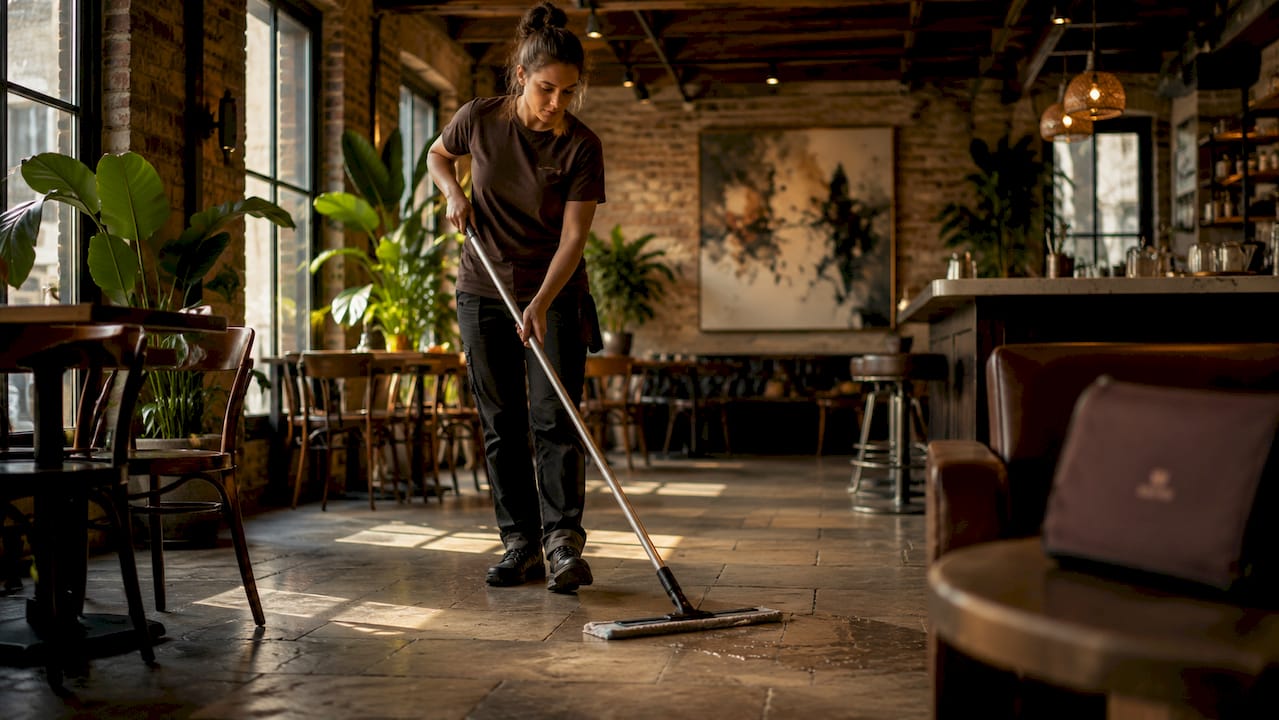 Hands mopping natural stone floor with microfiber mop