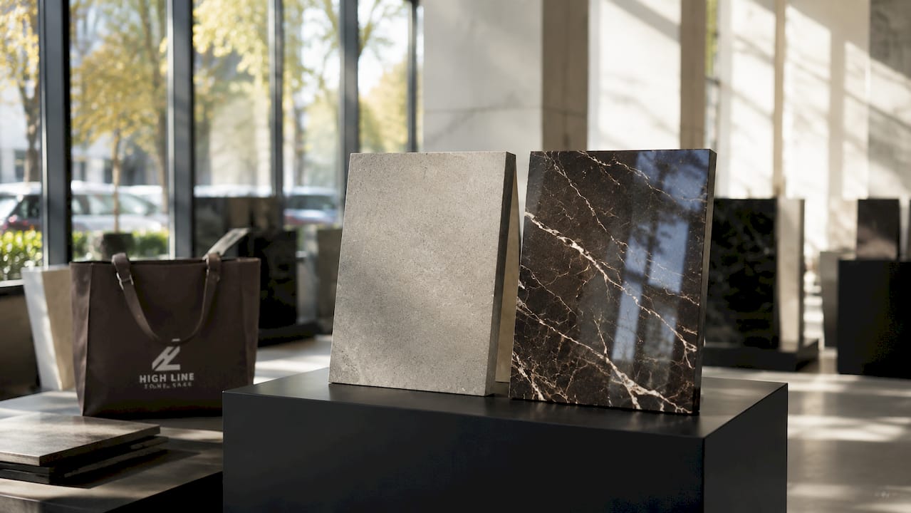 Close-up of honed and polished stone surface samples