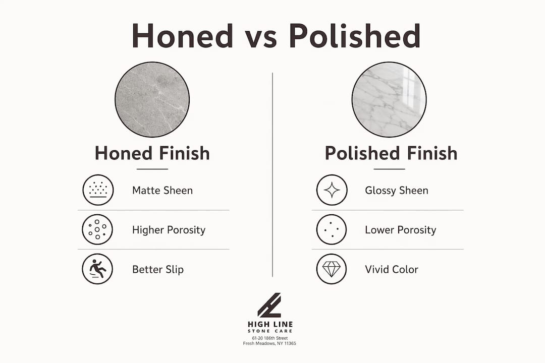 Infographic comparing honed and polished stone finishes