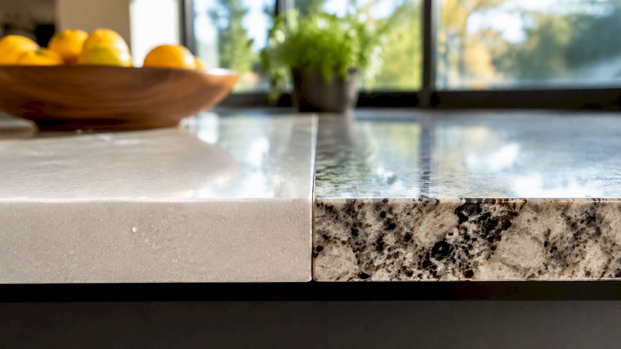 Close-up of quartz and granite countertop textures