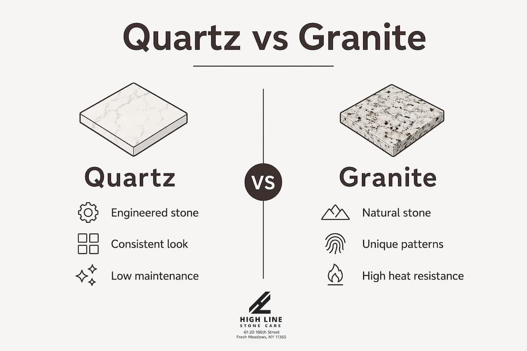 Infographic comparing quartz and granite countertop features
