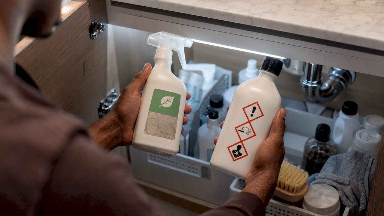 Hands comparing stone-safe versus hazardous cleaners