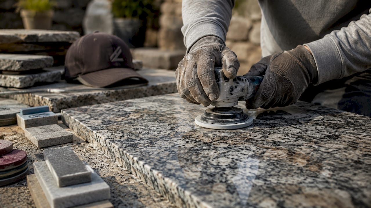 Stone mason polishing granite countertop