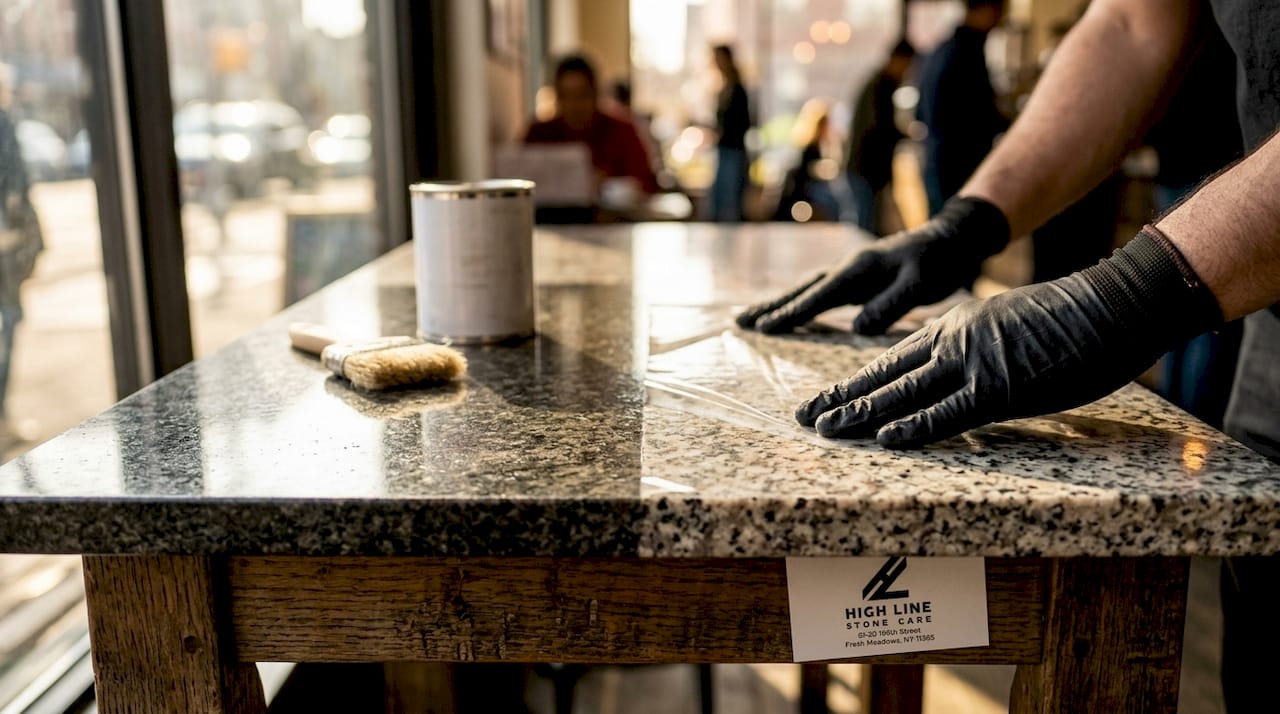 Comparing stone sealer and protective film on granite