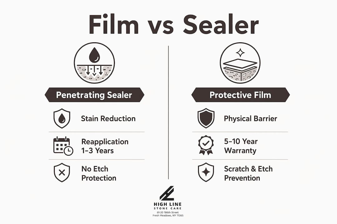 Infographic comparing protective film and stone sealer