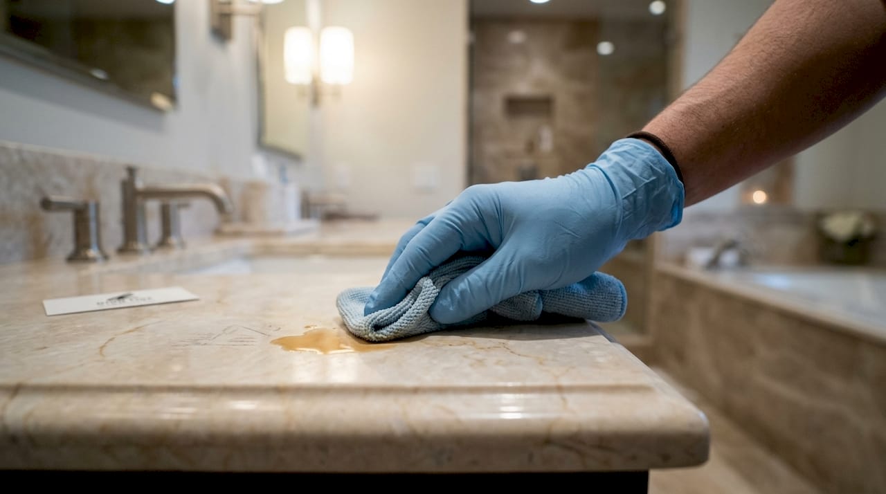 Hands cleaning etched marble countertop with cloth