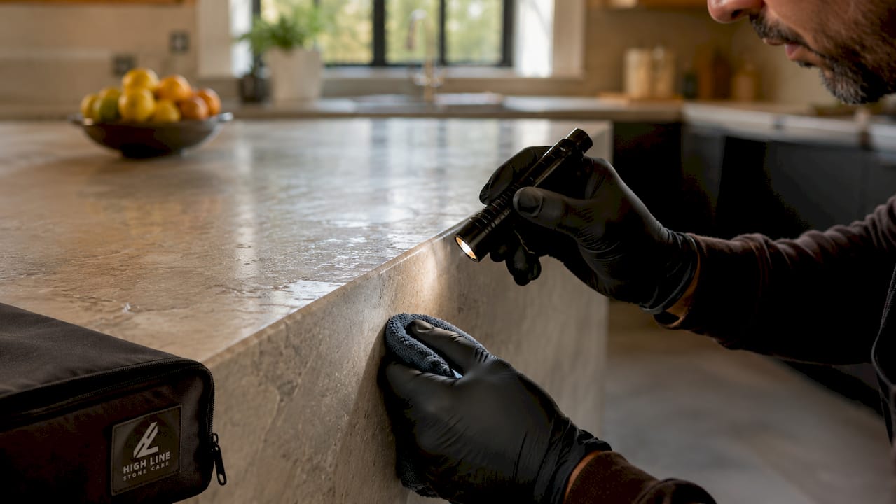 Close-up of damaged Caesarstone countertop surface