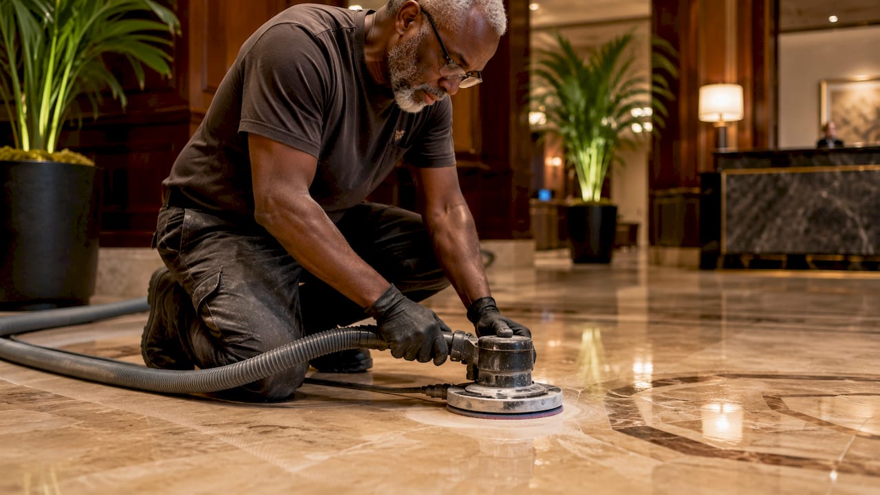 Hands polishing marble floor with machine